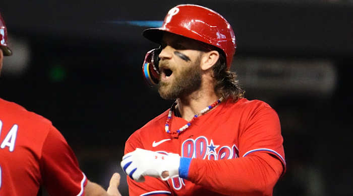 Philadelphia Phillies designated hitter Bryce Harper celebrates during Game 5 of 2023 NLCS
